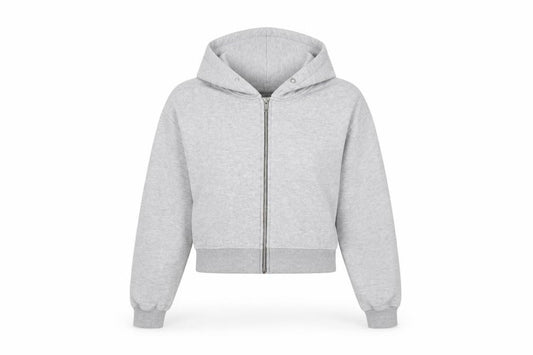 Front view of PRETTYLITTLETHING women’s grey cropped hoodie jacket, size M