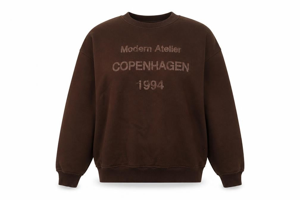 Front view of Dunnes Women’s Brown Pullover Sweatshirt Medium Modern Atelier Print