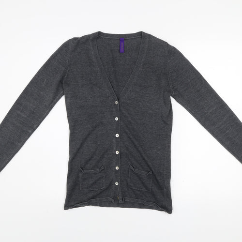 Henbury Men Grey Cotton Acrylic V-Neck Cardigan Size S