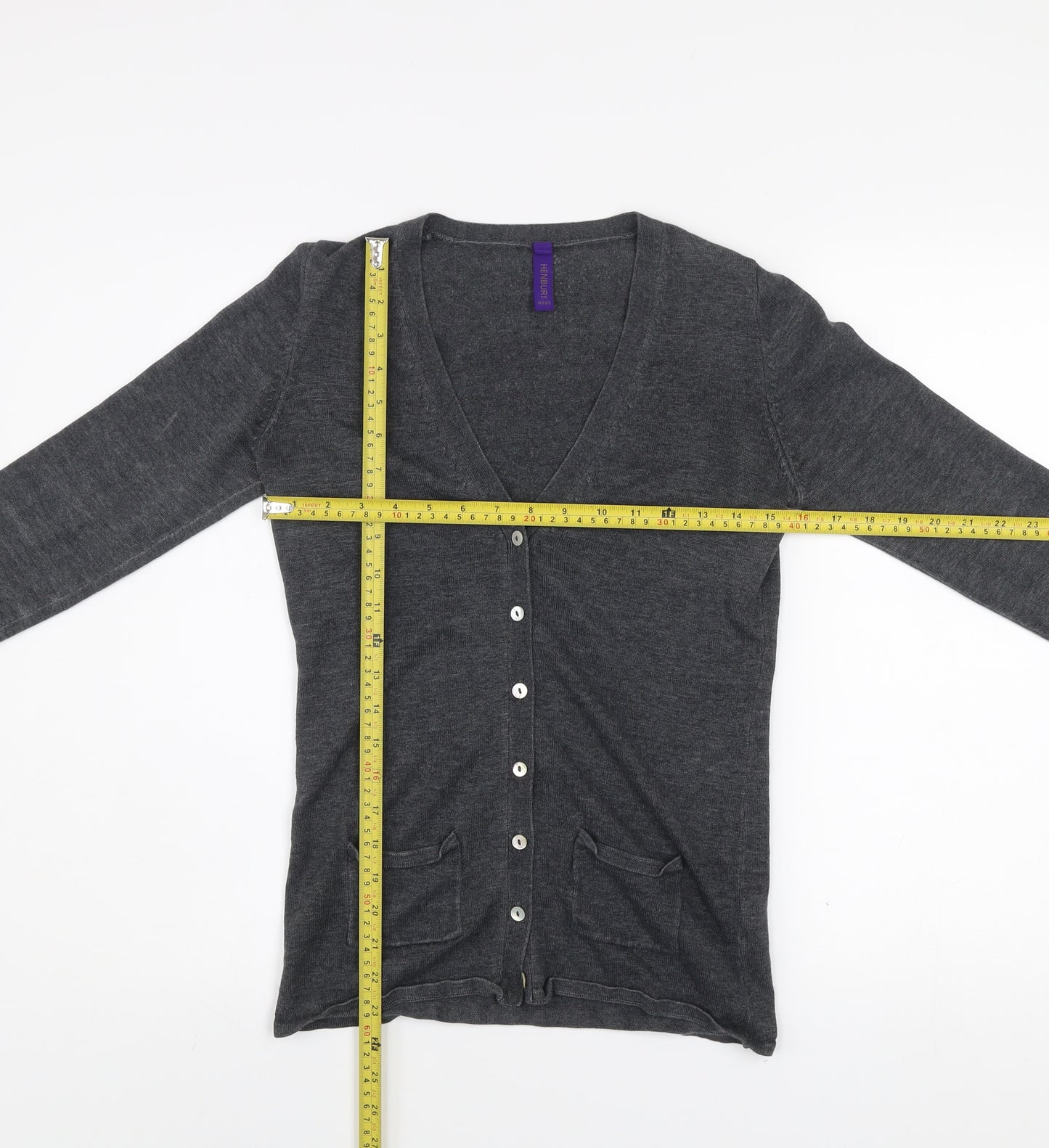 Henbury Men Grey Cotton Acrylic V-Neck Cardigan Size S