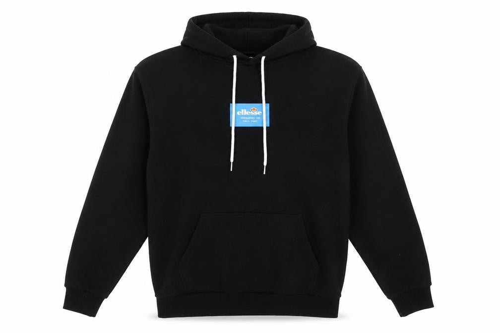 Front view of Ellesse Men's Black Pullover Hoodie, size M, Regular Fit Sweatshirt