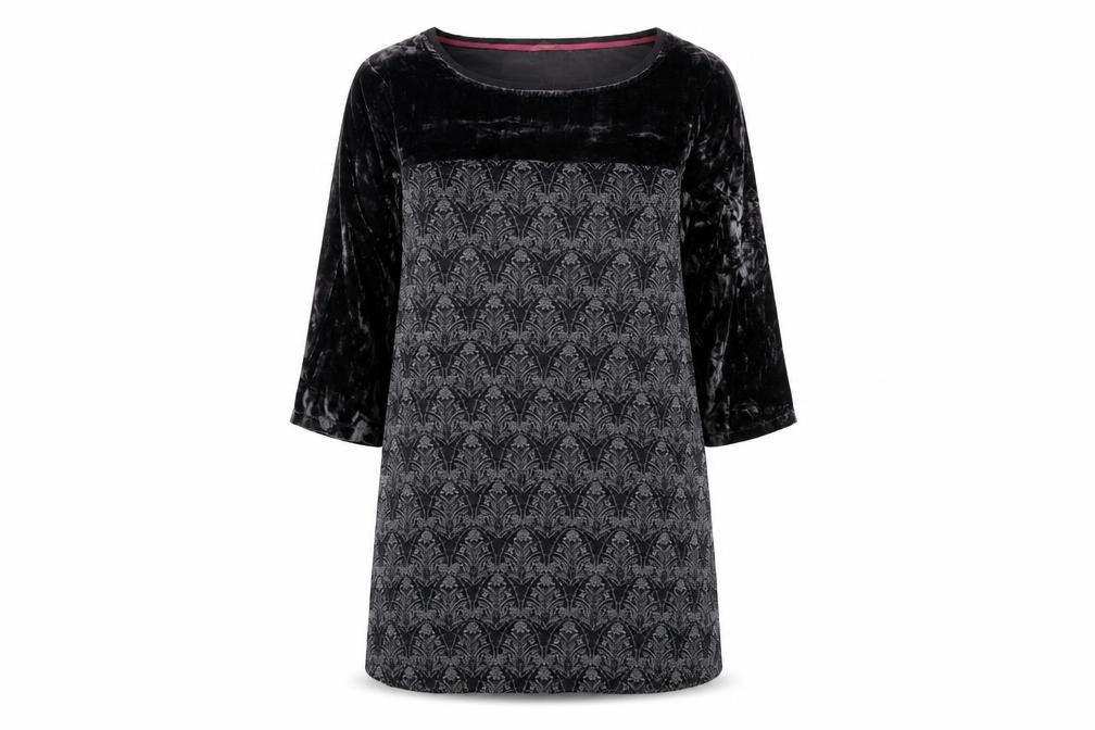 Front view of White Stuff women’s grey velvet panel shift dress, size UK 12