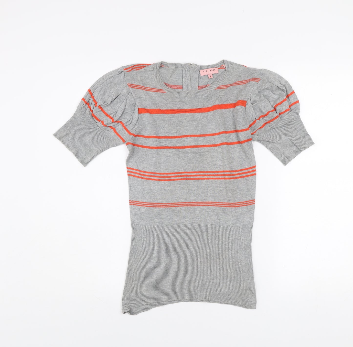Ted Baker Womens Grey Striped Puff Sleeve Knit Top Size XS