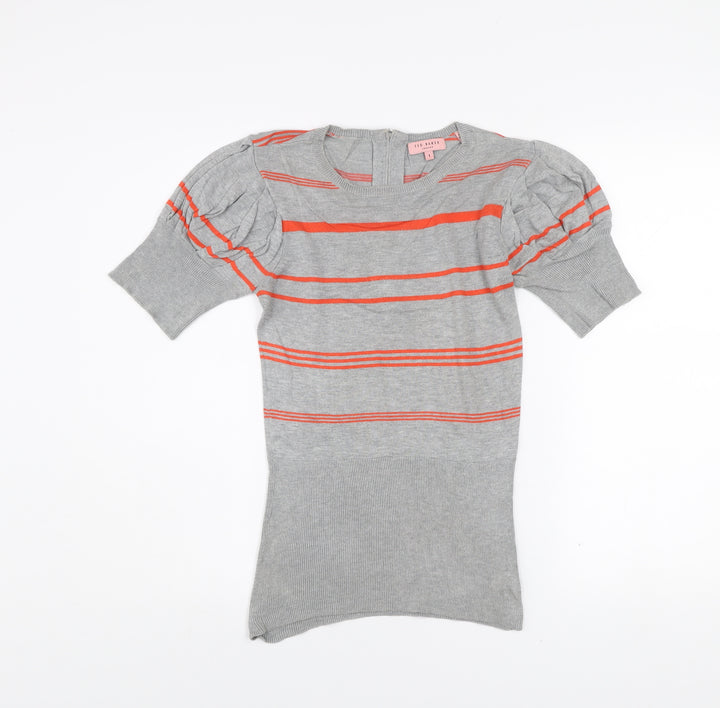 Ted Baker Womens Grey Striped Puff Sleeve Knit Top Size XS