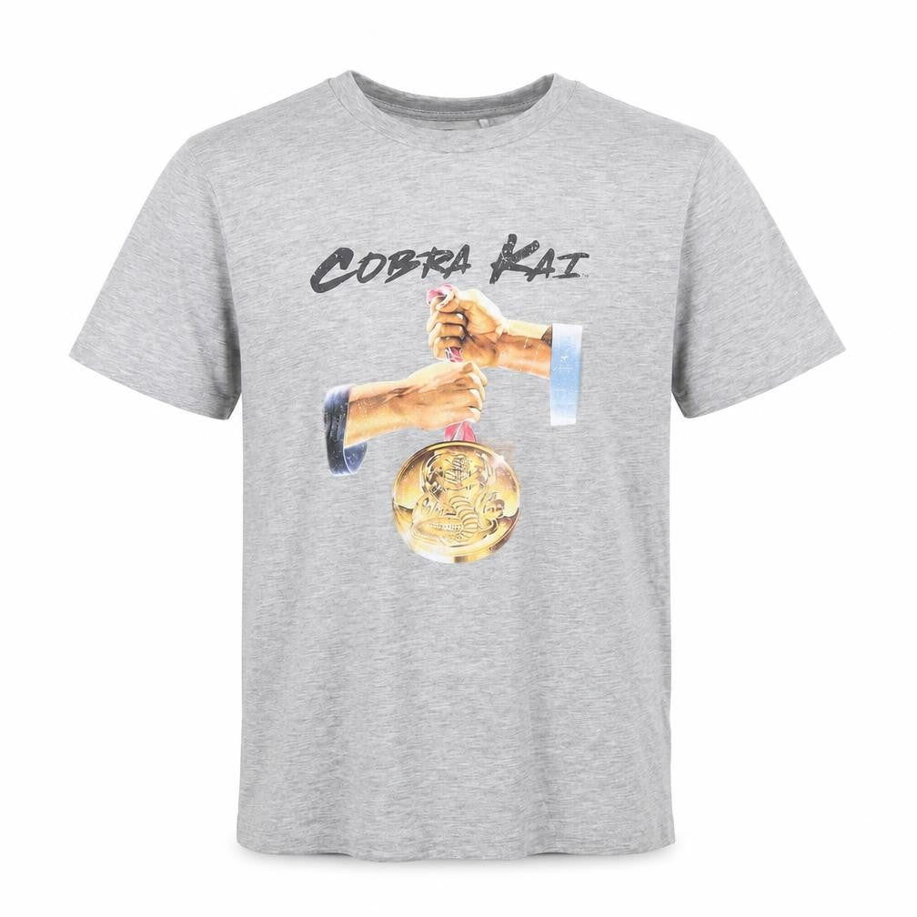 Front view of Cobra Kai Men's Grey Crew Neck Graphic T-Shirt, size S