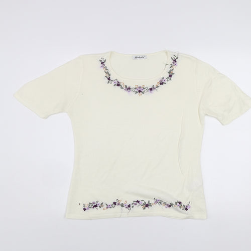 Berkertex Women's Ivory Floral Embroidered Knit Top Size 12