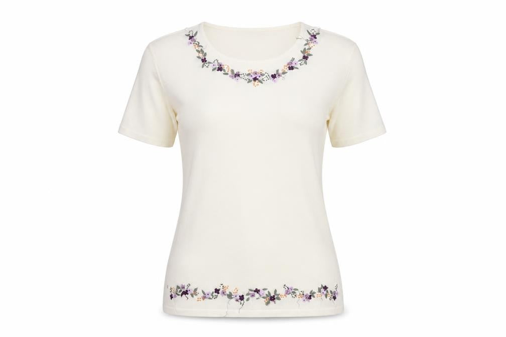 Front view of Berkertex Women's Ivory Floral Embroidered Knit Top, size 12