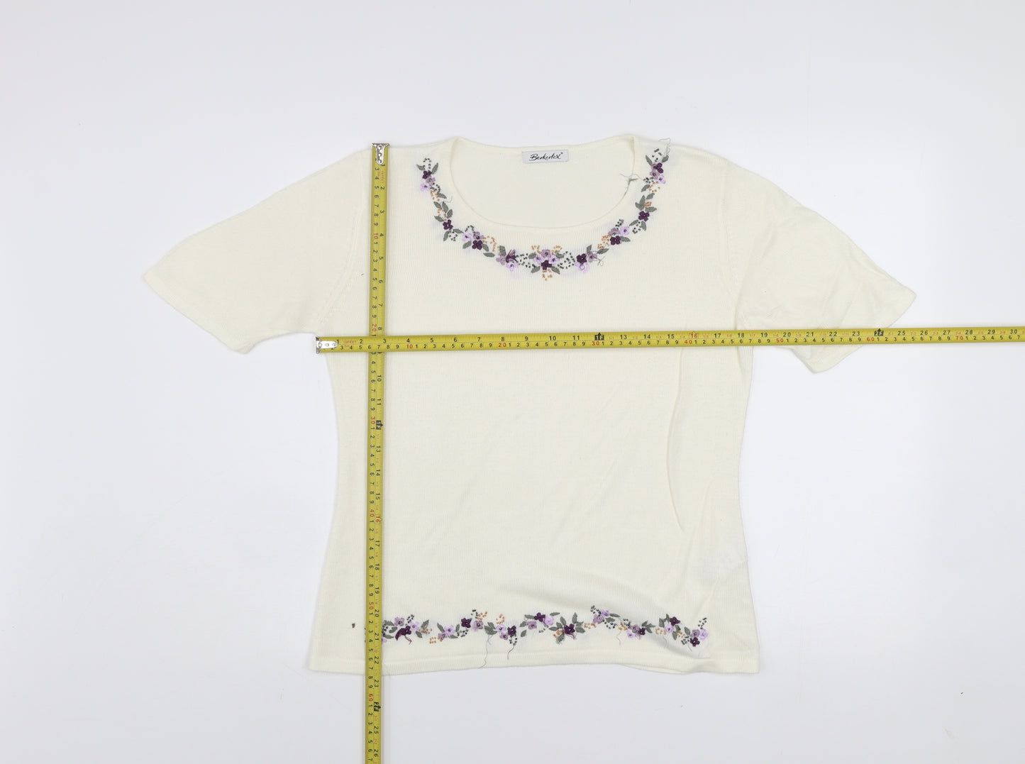 Berkertex Women's Ivory Floral Embroidered Knit Top Size 12