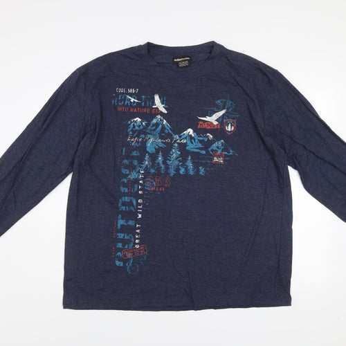 Atlas For Men Navy Blue Long Sleeve Graphic Cotton Blend T-Shirt XL