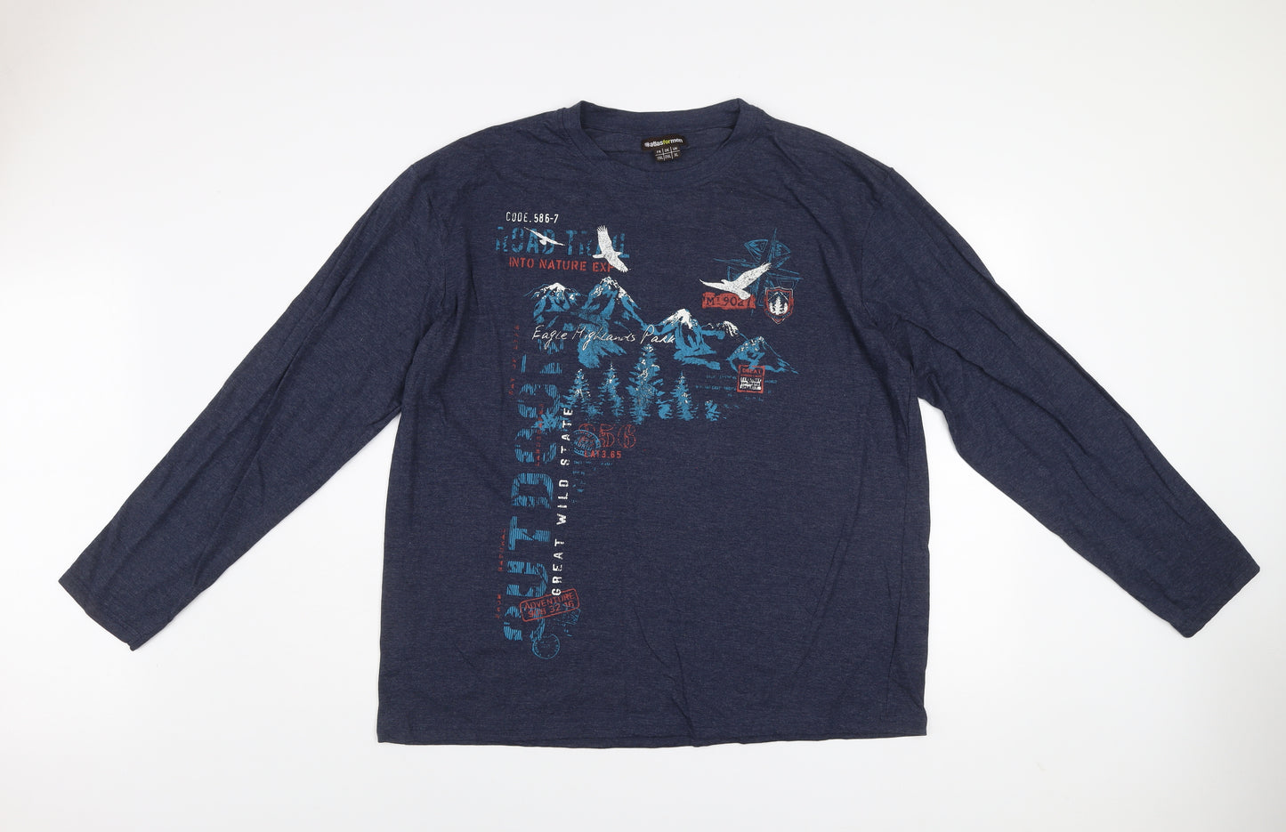 Atlas For Men Navy Blue Long Sleeve Graphic Cotton Blend T-Shirt XL