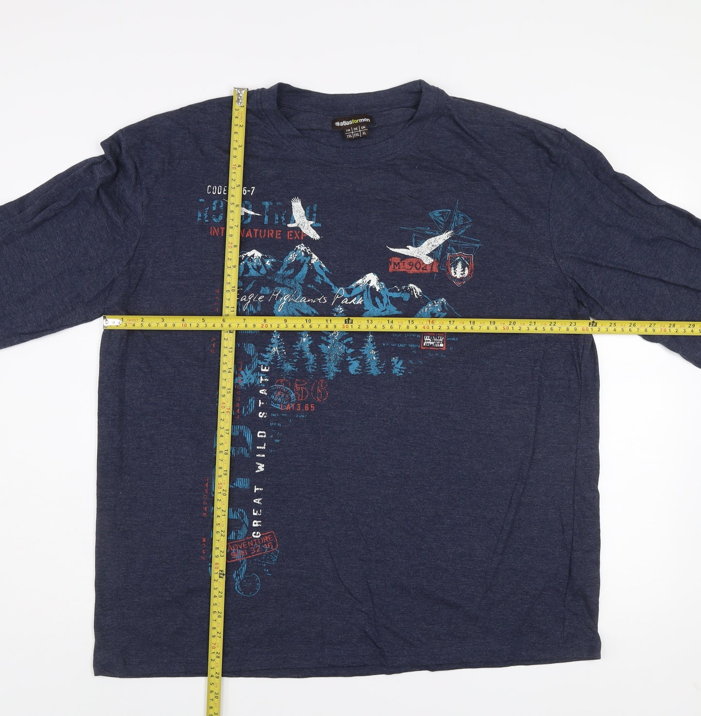 Atlas For Men Navy Blue Long Sleeve Graphic Cotton Blend T-Shirt XL