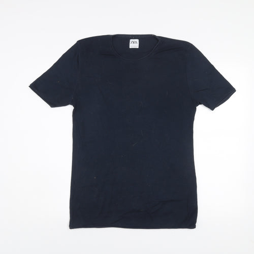 Zara Men's Blue Crew Neck Short Sleeve Cotton T-Shirt Size M