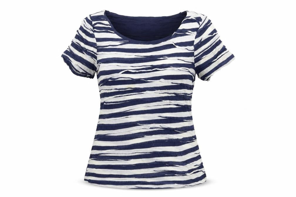 Front view of Phase Eight women’s blue striped jersey t-shirt, size UK 10