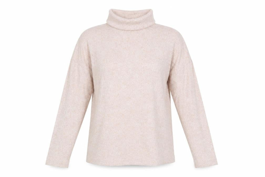 Front view of FatFace Women's Beige Roll Neck Long Sleeve Knit Jumper, size S