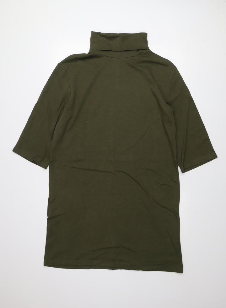 ZARA Women Green Roll Neck T-Shirt Dress L Casual Cotton Blend