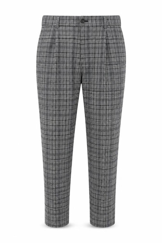 Front view of Zara Men's Grey Check Pleated Trousers, size 31, Regular Fit Tweed Style