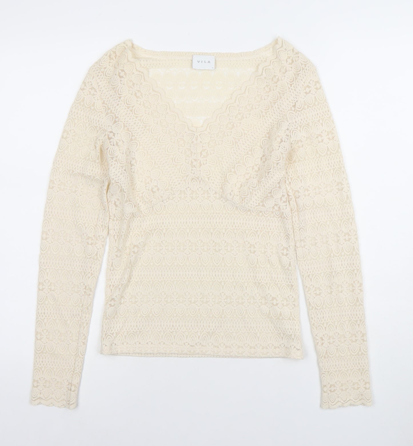 Vila Women’s Beige Lace Long Sleeve V-Neck Blouse Size M