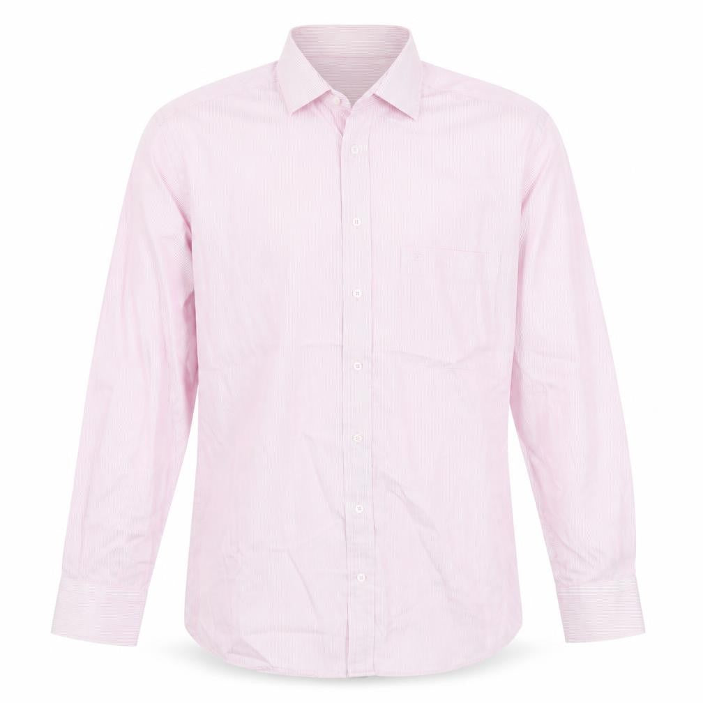 Front view of André Men’s Pink Striped Cotton Long Sleeve Button-Up Shirt, size 16, Regular