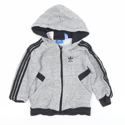 Adidas Boys Grey Full Zip Hoodie 3-4 Years Cotton Blend Logo Design