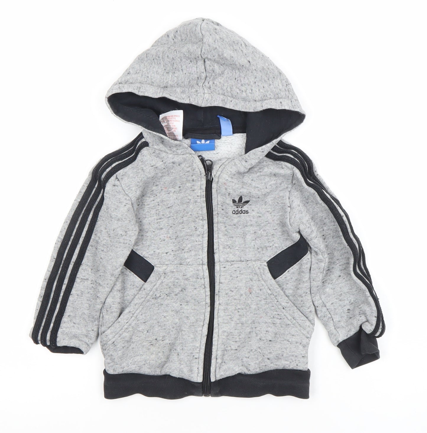 Adidas Boys Grey Full Zip Hoodie 3-4 Years Cotton Blend Logo Design