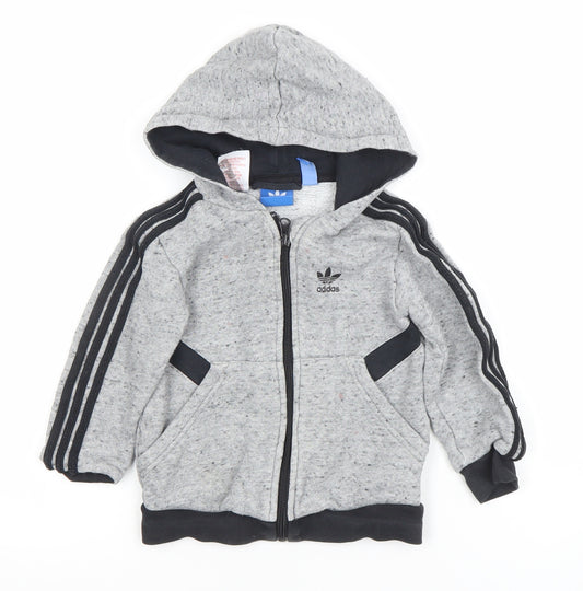 Adidas Boys Grey Full Zip Hoodie 3-4 Years Cotton Blend Logo Design