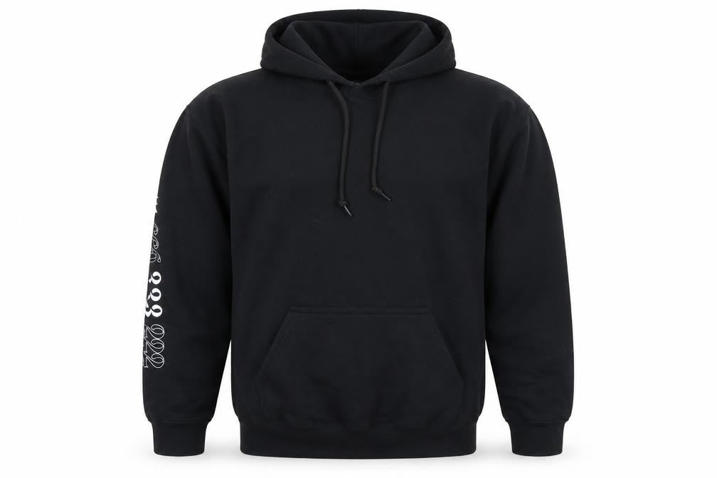 Front view of Boohoo Men’s Black Angel Anarchy Pullover Hoodie, size M, Graphic Print