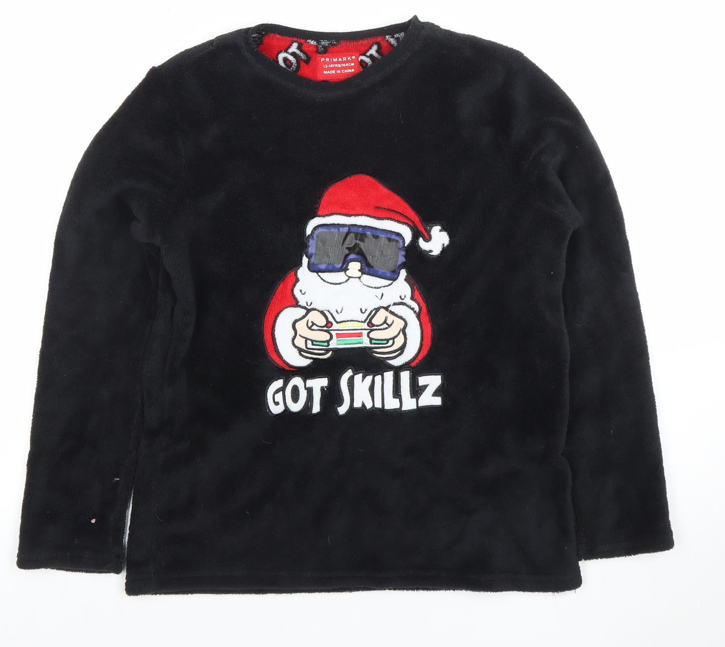 Primark Boys Black Fleece Santa 'Got Skillz' Long Sleeve Pyjama Top 13-14 Years