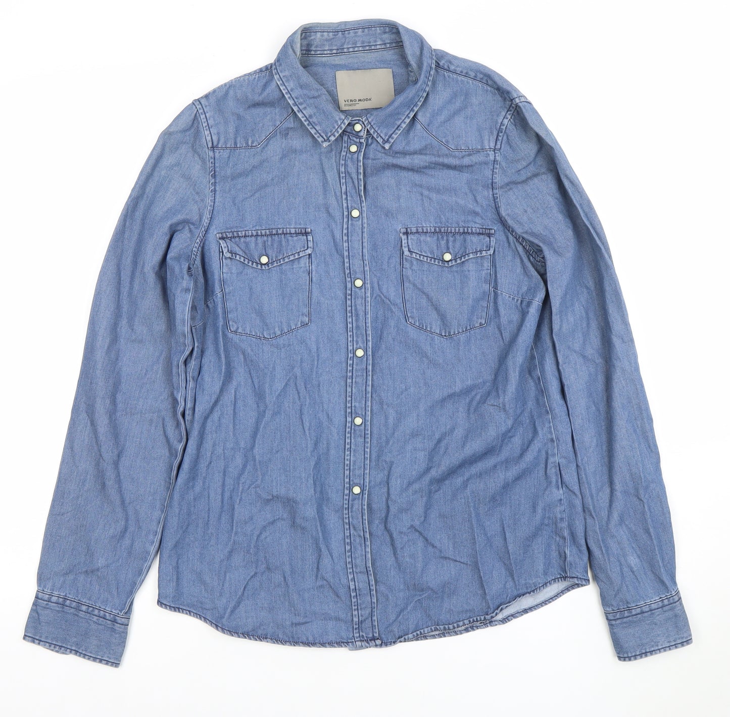 Vero Moda Womens Blue Denim Button-Up Long Sleeve Shirt Medium