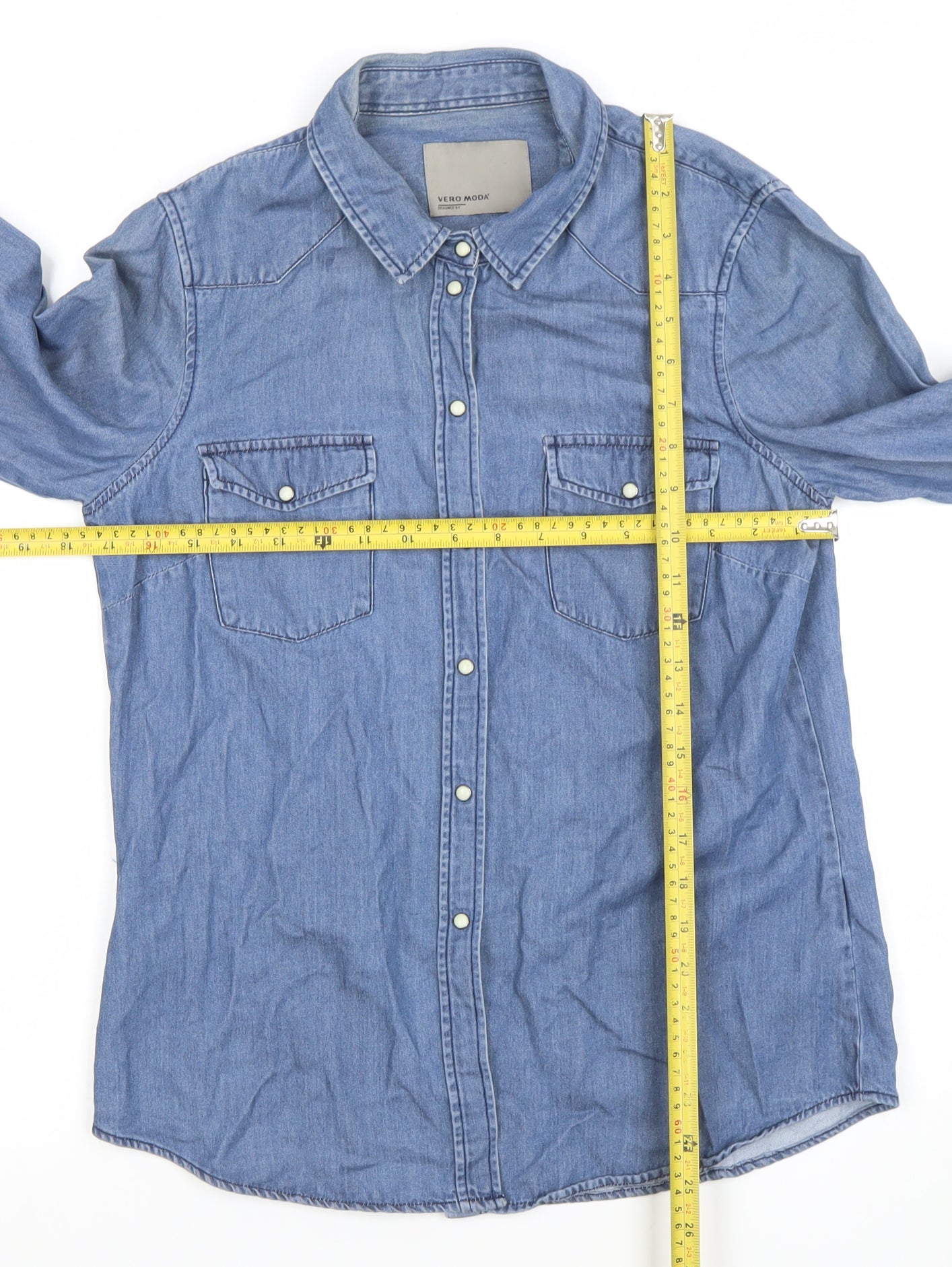 Vero Moda Womens Blue Denim Button-Up Long Sleeve Shirt Medium