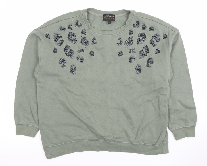 Next Women Khaki Green Beaded Leopard Print Crew Neck Sweatshirt Size L
