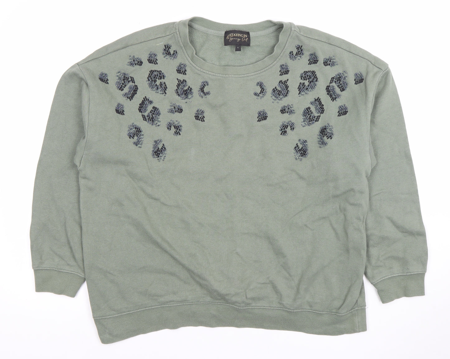 Next Women Khaki Green Beaded Leopard Print Crew Neck Sweatshirt Size L