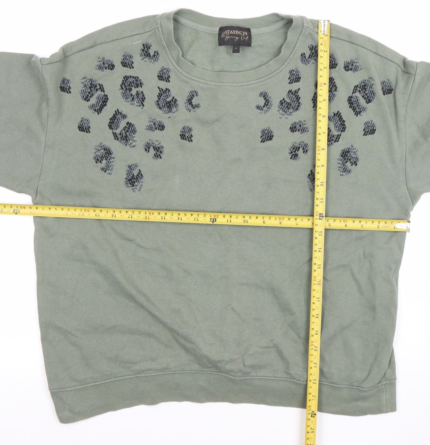 Next Women Khaki Green Beaded Leopard Print Crew Neck Sweatshirt Size L