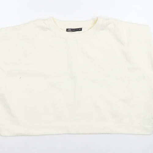 ZARA Women Ivory Cropped Cotton T-Shirt Size S Regular Fit