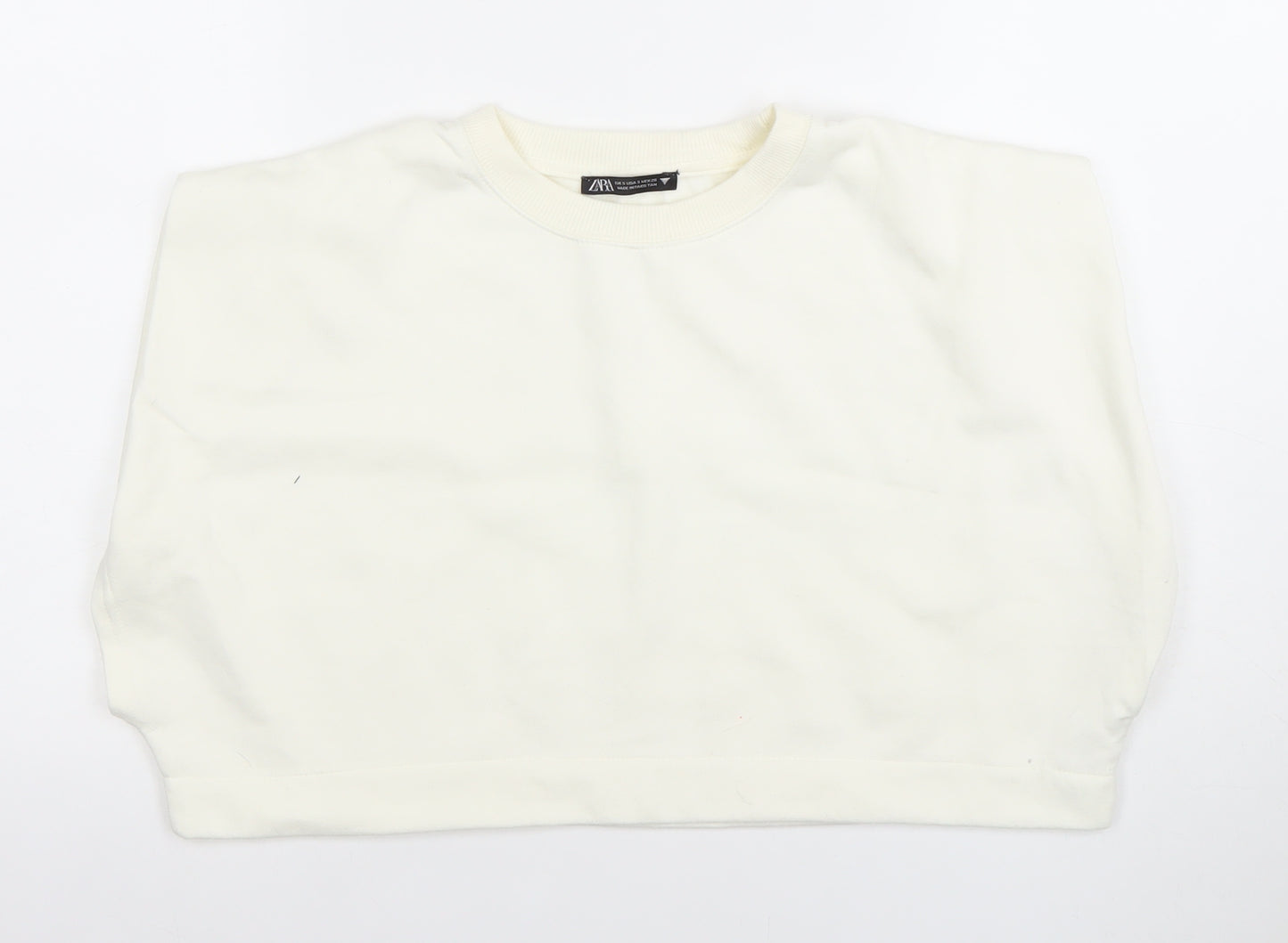 ZARA Women Ivory Cropped Cotton T-Shirt Size S Regular Fit