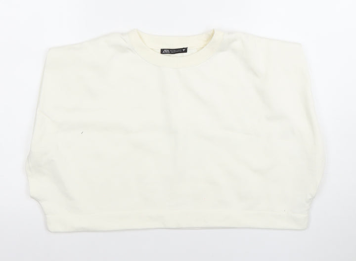 ZARA Women Ivory Cropped Cotton T-Shirt Size S Regular Fit