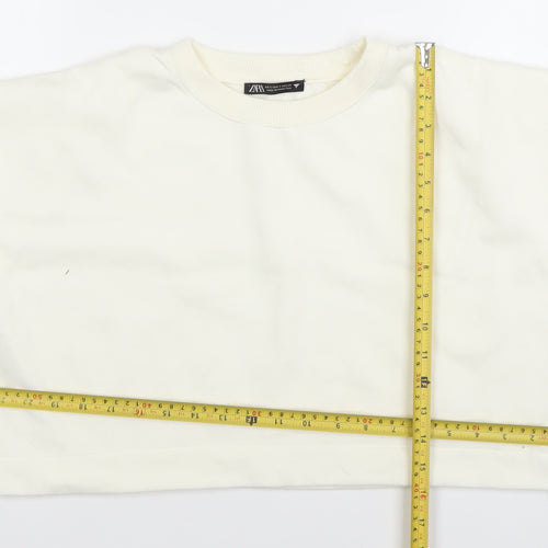 ZARA Women Ivory Cropped Cotton T-Shirt Size S Regular Fit