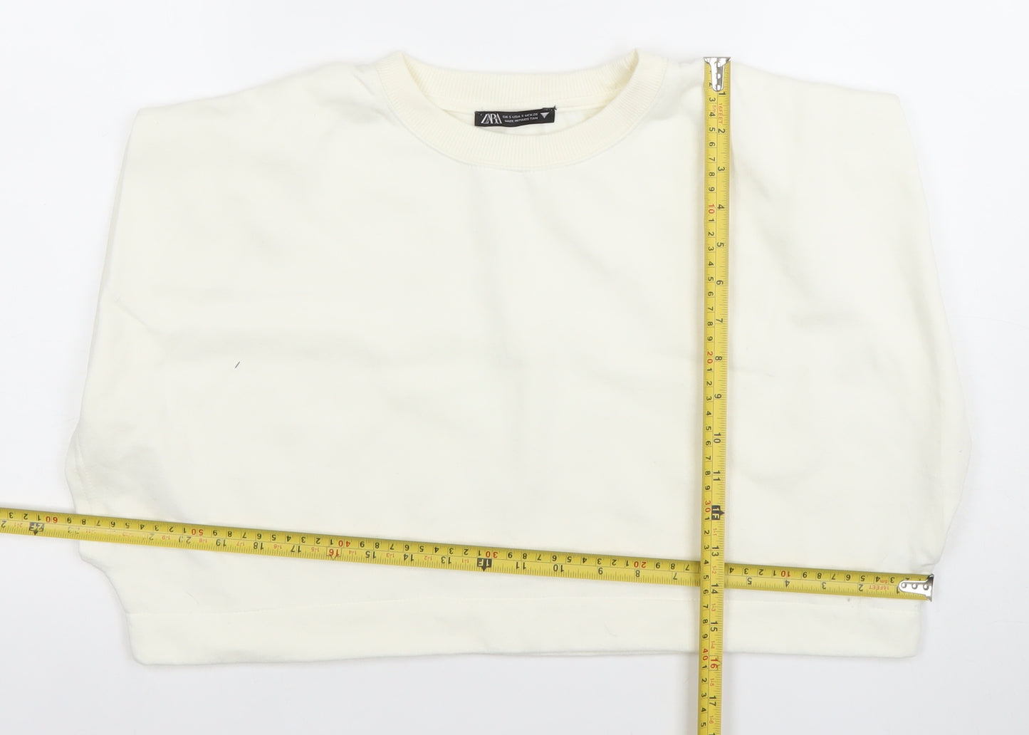 ZARA Women Ivory Cropped Cotton T-Shirt Size S Regular Fit