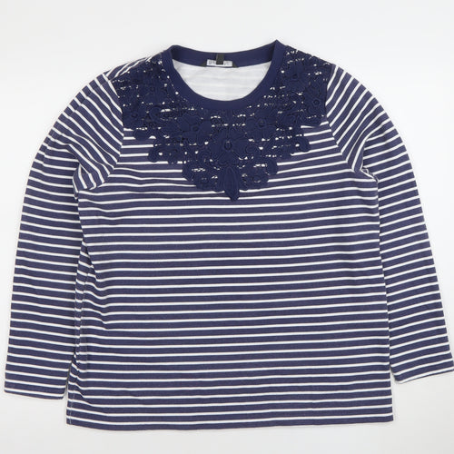 Bonmarché Women Navy White Stripe Floral Lace Long Sleeve Pullover Size 14