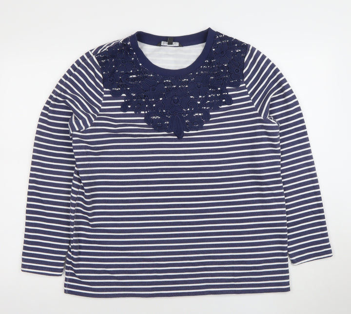 Bonmarché Women Navy White Stripe Floral Lace Long Sleeve Pullover Size 14