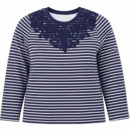 Bonmarché Women Navy White Stripe Floral Lace Long Sleeve Pullover Size 14