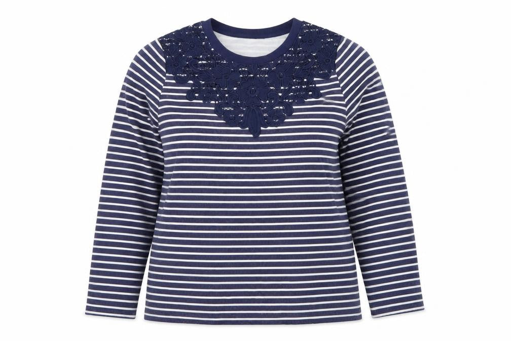 Bonmarché Women Navy White Stripe Floral Lace Long Sleeve Pullover Size 14