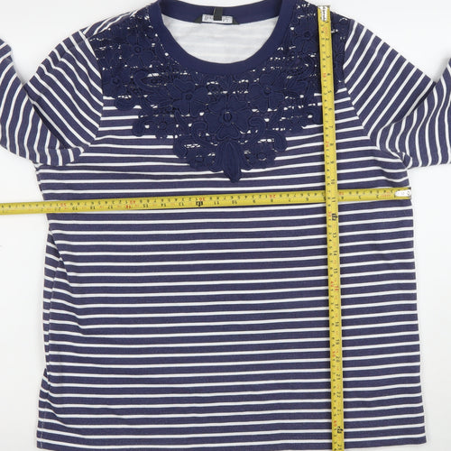 Bonmarché Women Navy White Stripe Floral Lace Long Sleeve Pullover Size 14