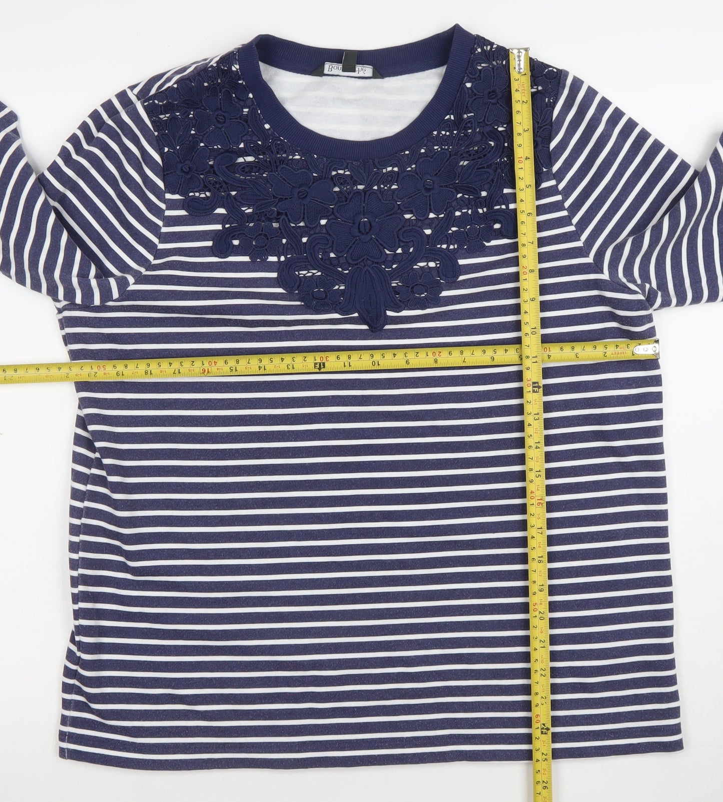 Bonmarché Women Navy White Stripe Floral Lace Long Sleeve Pullover Size 14