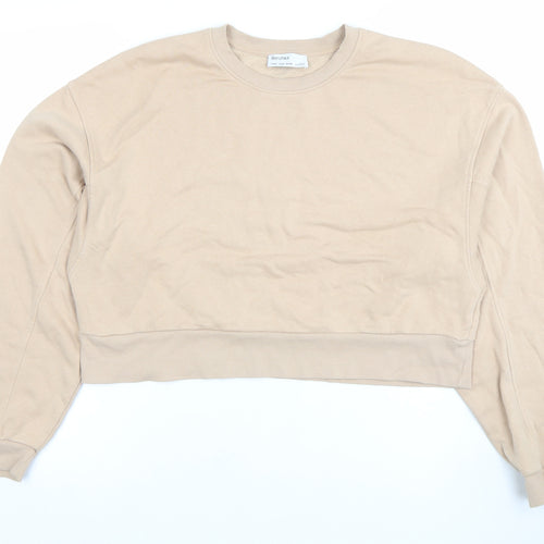 Bershka Women Beige Crop Pullover Sweatshirt Size 6 Crew Neck