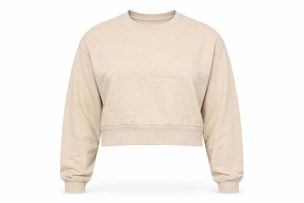 Front view of Bershka Women Beige Crop Pullover Sweatshirt, size 6, Crew Neck