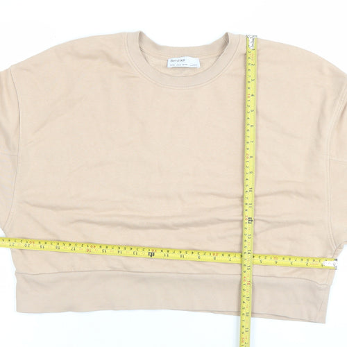 Bershka Women Beige Crop Pullover Sweatshirt Size 6 Crew Neck