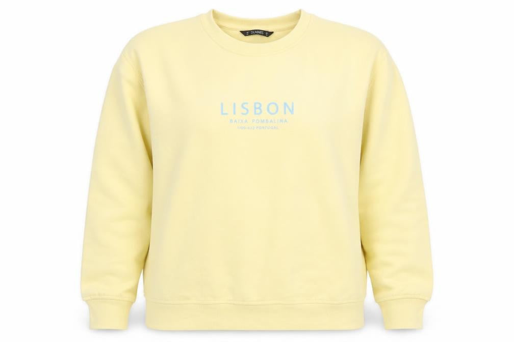 Front view of Dunnes Women Yellow Lisbon Print Pullover Sweatshirt, size M