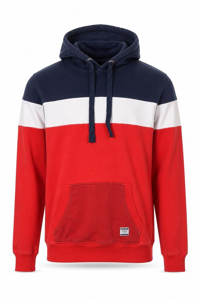 Front view of Livergy Men's Red Blue White Pullover Hoodie, size S, Cotton Blend