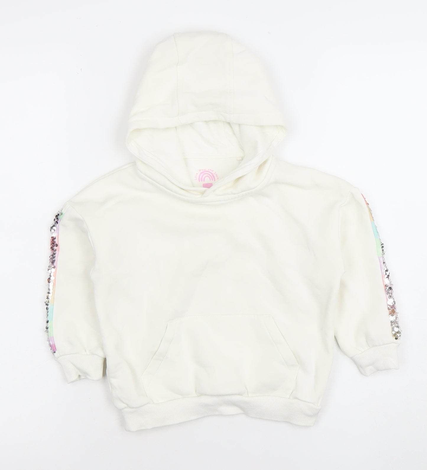 F&F Girls White Sequin Sleeve Pullover Hoodie 3-4 Years Cotton Blend