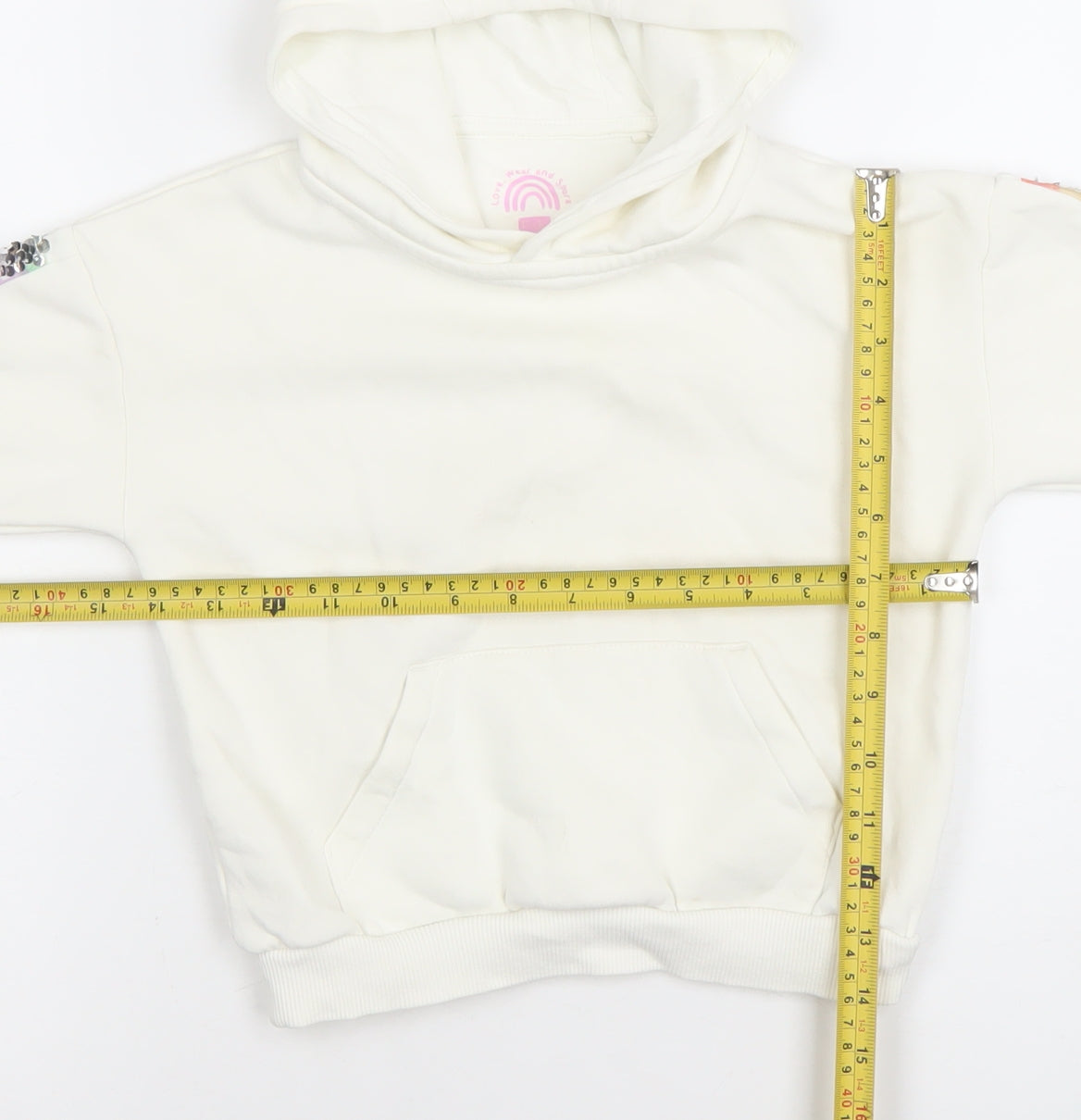 F&F Girls White Sequin Sleeve Pullover Hoodie 3-4 Years Cotton Blend